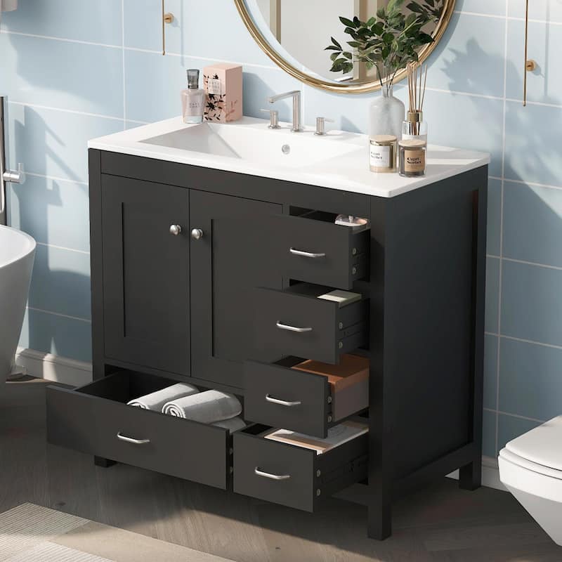 36" White Bathroom Vanity with Ceramic Sink Combo, Ample Storage Cabinet - 2 Soft-Close Doors and 5 Drawers