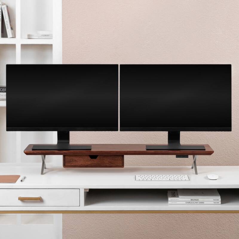 Jani Wood Monitor Stand Riser Desk - Ergonomic Design Stand, Desktop Organizer Table for Home, Office Workspace, Gaming Desk - Tan