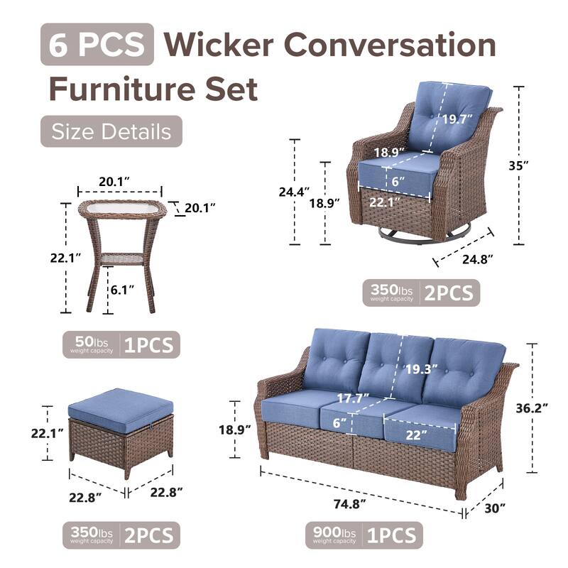 Gymojoy 6-Piece Wicker Patio Furniture Set, 6-Inch Ultra Thick Cushioned 360° Swivel Glider Chairs & Multifunctional Ottomans