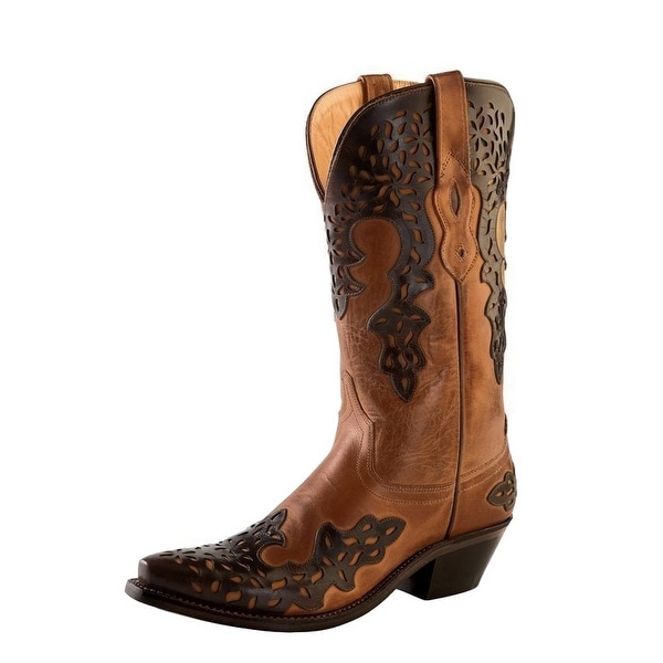 Old West Cowboy Boots Womens Overlay Leather Lined Barnwood