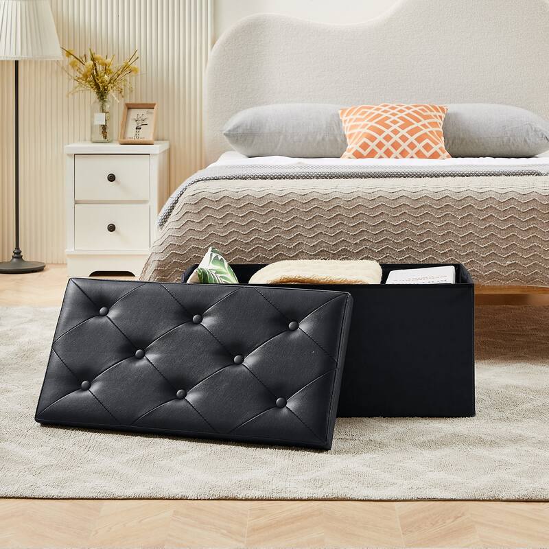 2 PC Storage Folding Ottoman, Storage Footrest Stool, Faux Leather Storage Bench Cube with Padded Seat for Small Space