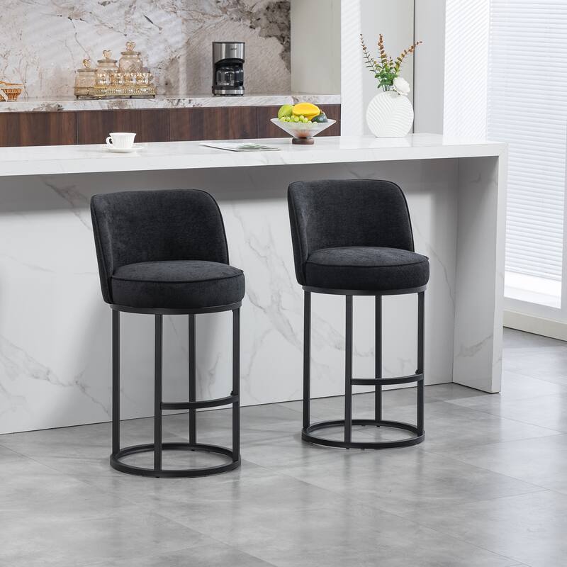 Counter Height Bar Stools Set of 2, Modern Barrel Counter Stools with Backrest, Linen Fabric Upholstered Accent Bar Stools