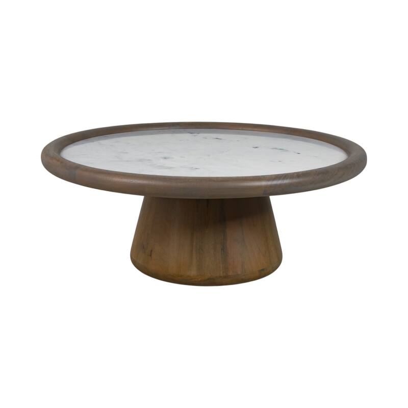 Mango Wood Marble Accent Table Round Drum Base Sculptural Design