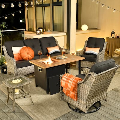 OVIOS 5 Pieces Outdoor Wicker Curved Swivel Chair Set With Fire Table