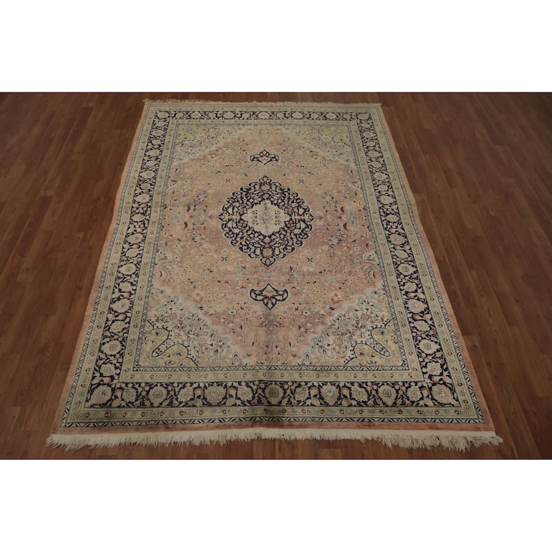 Hand Knotted Oriental Silk Carpet Traditional Floral Peach Kashmir Area Rug - 8' 0'' X 5' 8''
