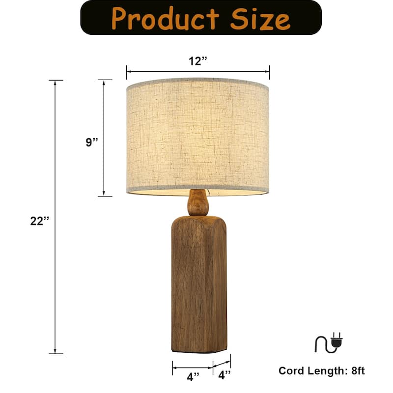18''/22''Farmhouse Traditional Natural Solid Wood Table Lamp with Beige Fabri Drum Shade for Bedroom Living Room