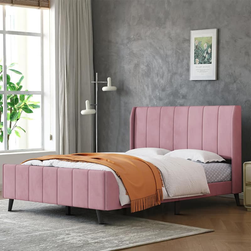 Classic Velvet Upholstered Platform Bed with Centre Support Legs - Full - Pink