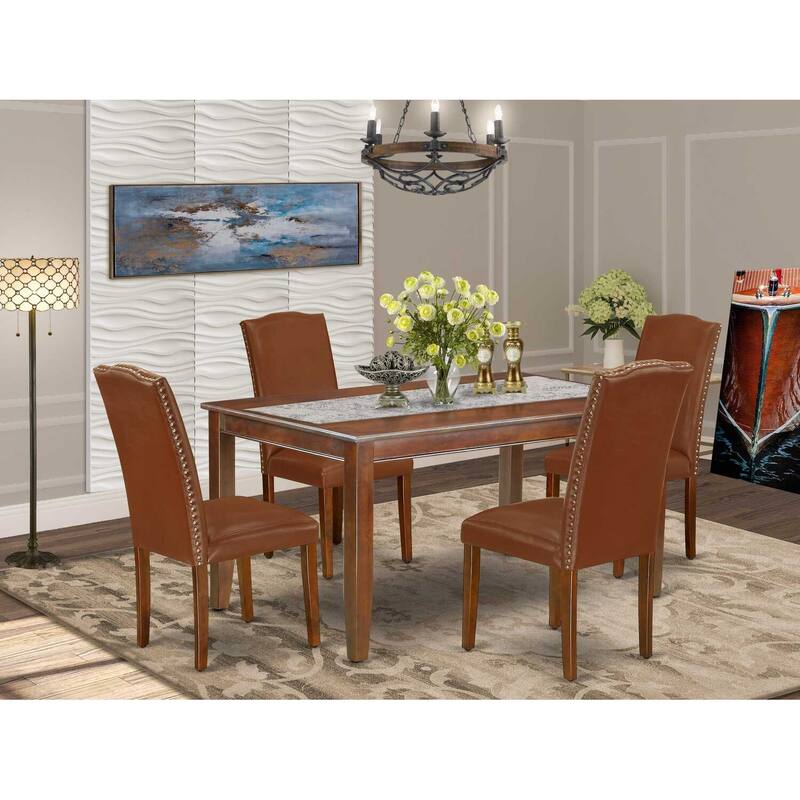 HomeStock 5-Piece Rectangle Mahogany Finish Solid Wood Top Dining Table with 4 Parson Chair