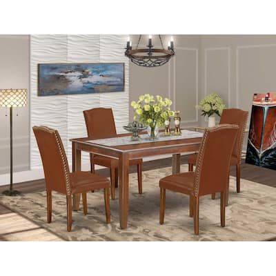 HomeStock 5-Piece Rectangle Mahogany Finish Solid Wood Top Dining Table with 4 Parson Chair