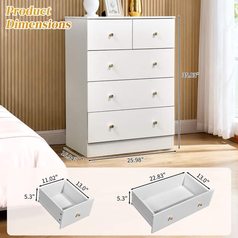 5-Drawer Dresser For Bedroom And Chest Of Drawers With Sturdy Construction Wood Storage Organizer For Closet