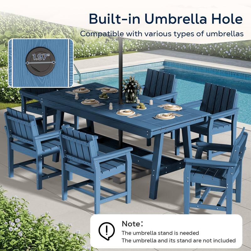 7-Piece HDPE Outdoor & Indoor Dining Set, Rectangular 67.91in W Table with Umbrella Hole and 6 Chairs Set of 7, Wood-Look Finish