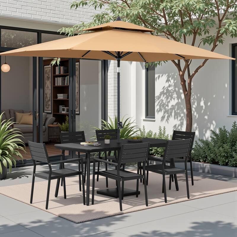 9-Piece Outdoor Dining Set Aluminum Table and Stackable Armchairs with Umbrella and Base - Black