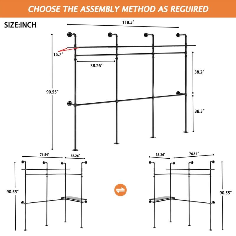 Reversible 118.3" Clothes Rack for Hanging Clothes, with LED Lights & Shelves
