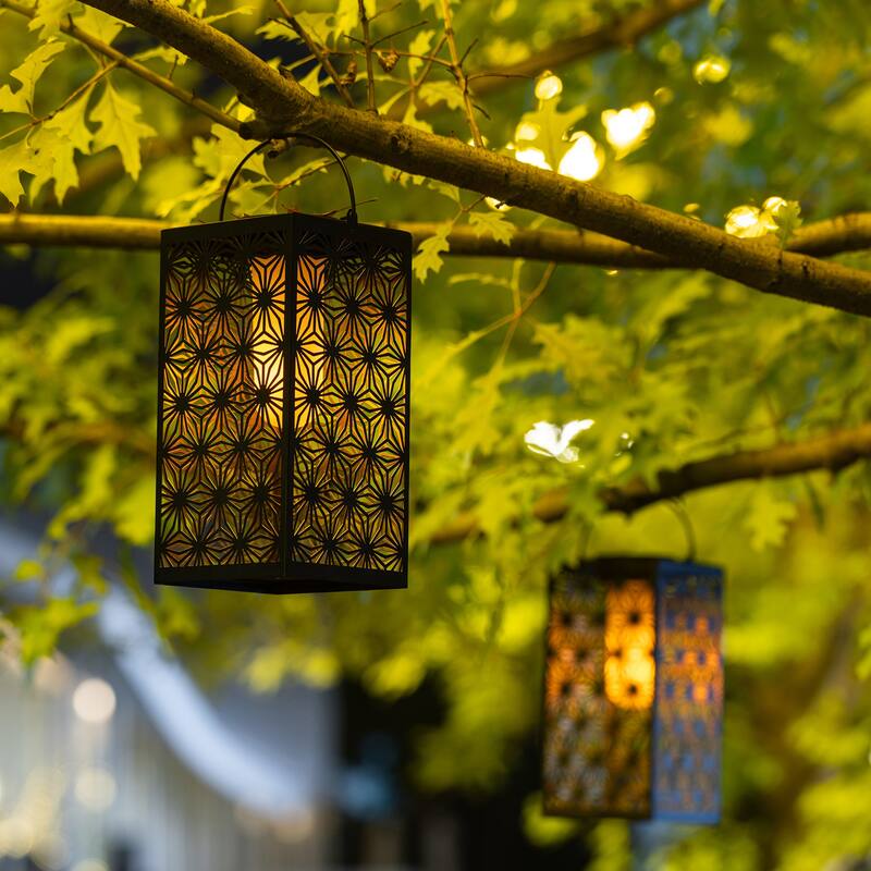 Glitzhome 11"H Black Metal Cutout or Square Textured Glass Pattern Solar Powered Hanging Lantern with LED Light