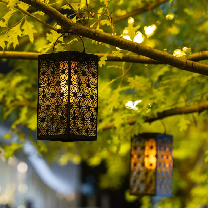 Set of 4 11"H Glass Pattern Oudoor Solar Powered Hanging Lanterns By Glitzhome