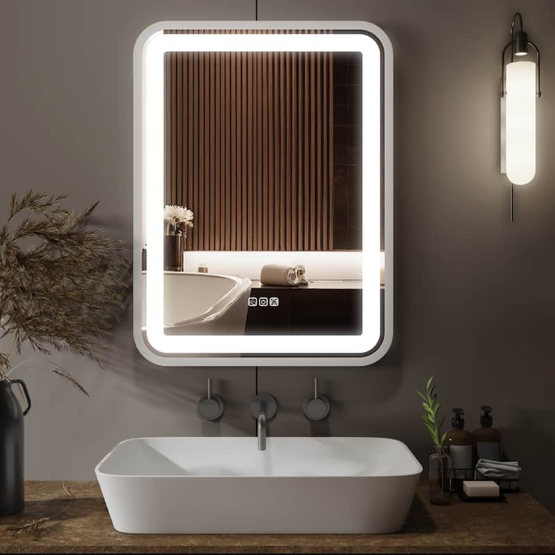 Silver Glass LED Vanity Mirror with Defog, Dimmable Lights and Memory - 36" W x 28" H - Silver