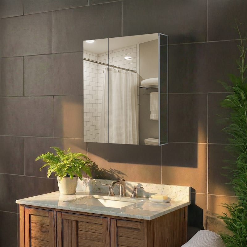 Bathroom Medicine Cabinet, Aluminum, Recessed/Surface Mount, Right/Left Hinged, Mirrored Interior - 30 x 36