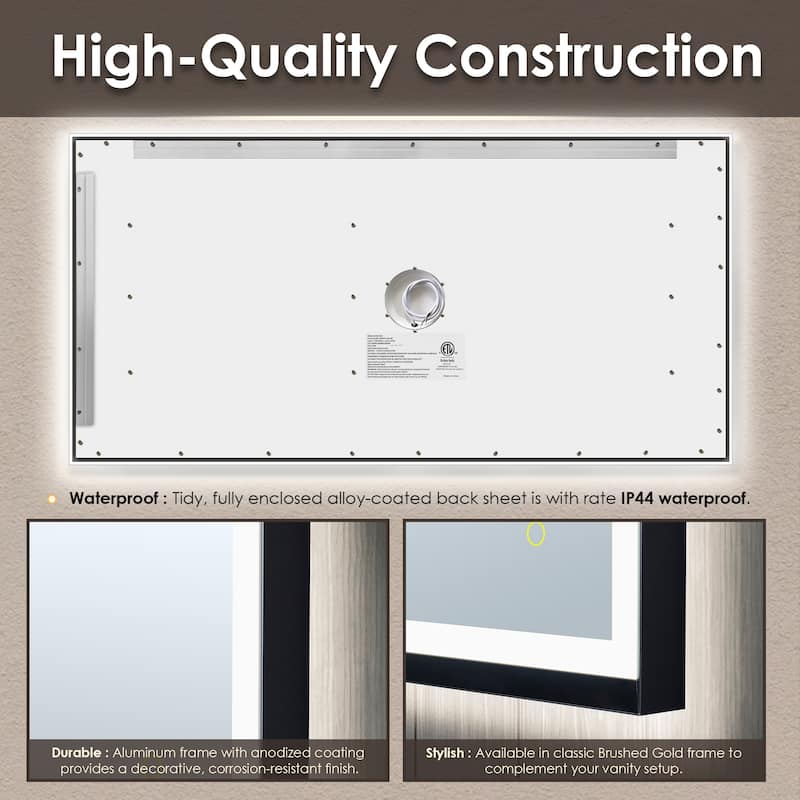 Apollo Rectangular Anti-Fog Dimmable Modern Bathroom/Vanity LED Lighted Wall Mirror in Matte Black Aluminum Framed