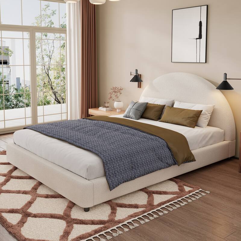 Luxury Boucle Upholstered Platform Bed with Round Curved Headboard, No Box Spring Needed - White - Queen