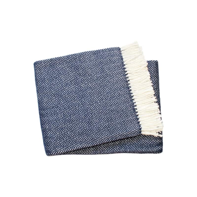 HomeRoots " X 55" Navy Blue And White Cotton Blend Woven Herringbone Plush Throw Blanket with Tassels