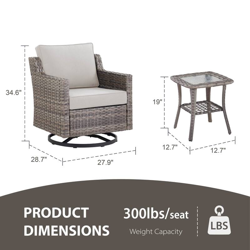 Glissia 3-Piece Gray Wicker Outdoor Swivel Glider Chair Set with 4-Inch Thick Cushions and Side Table