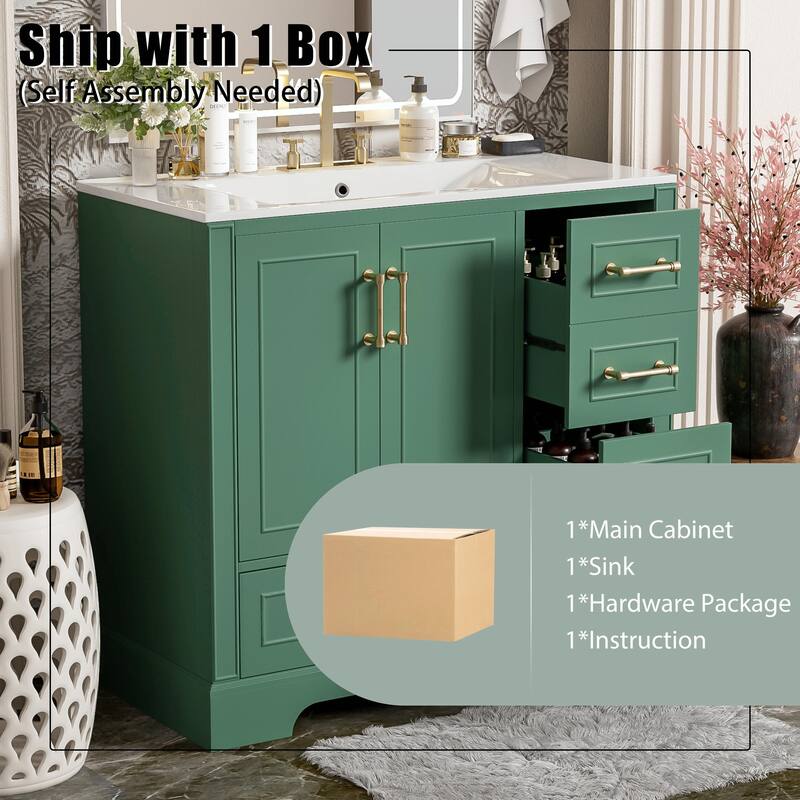 36" Bathroom Vanity with Ceramic Sink - Soft Close Doors and Four Storage Drawers