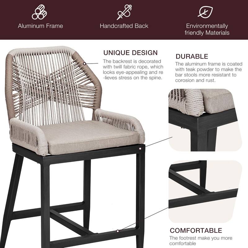 Counter Height Bar Stools Set of 2, Modern Wicker Rattan Patio Bar Stools with Backrest
