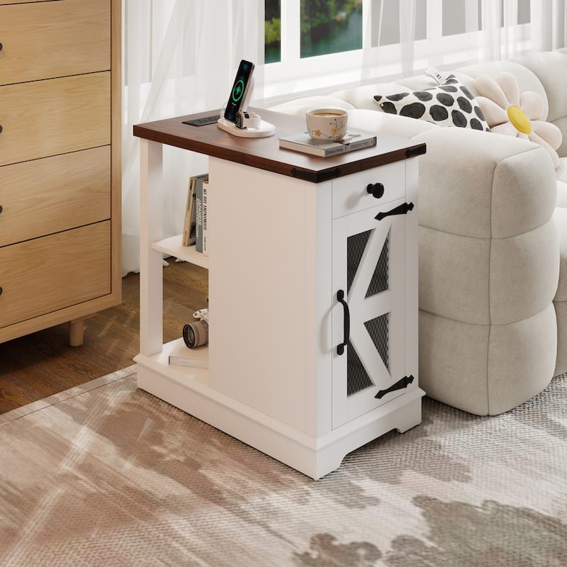 Side Table with Charging Station with Storage Shelf and Drawers - White
