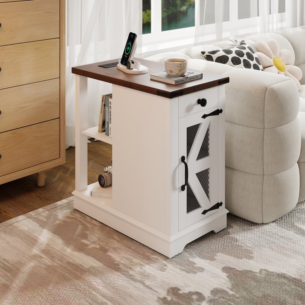Side Table with Charging Station with Storage Shelf and Drawers