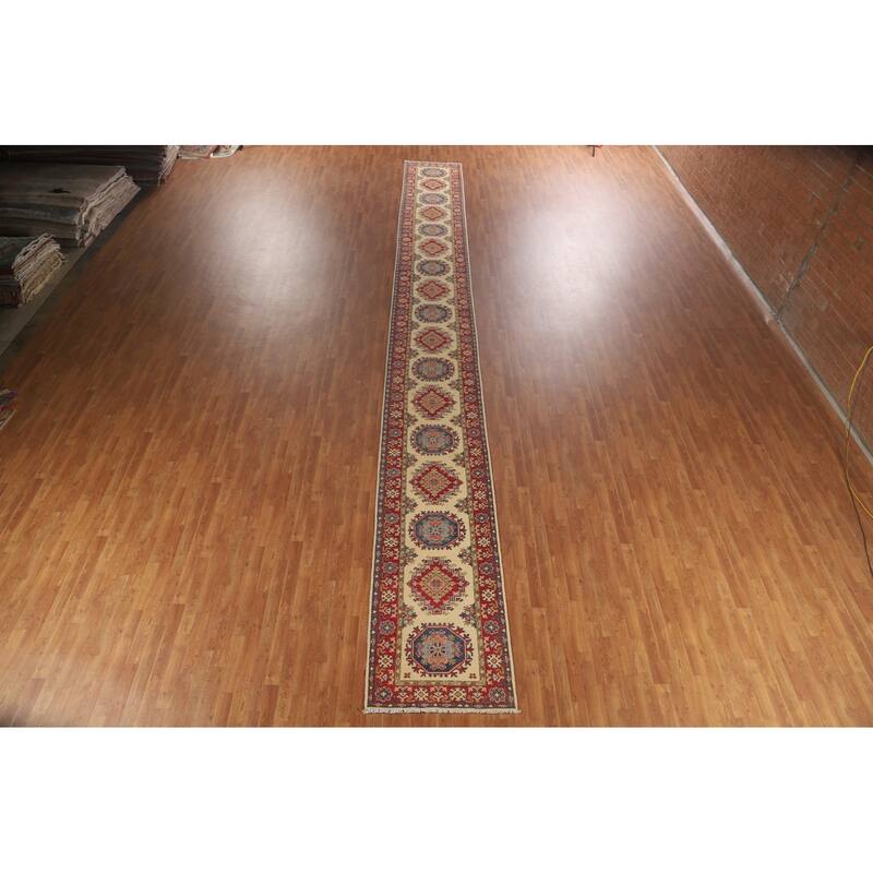 Kazak Runner Rug Hand-Knotted Beige Wool Carpet - 2'8" x 25'8"