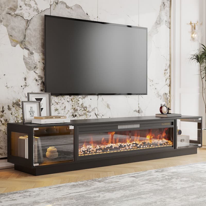 Modern Black Fireplace TV Stand Combo,Remote Fireplace Heater,2 Drawers,Light Strip & USB