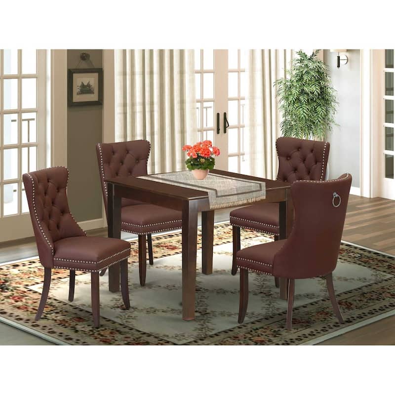 5-Piece Mahogany Finish Solid Wood Top - Square Upholstered Dining Room Set - Seats 4