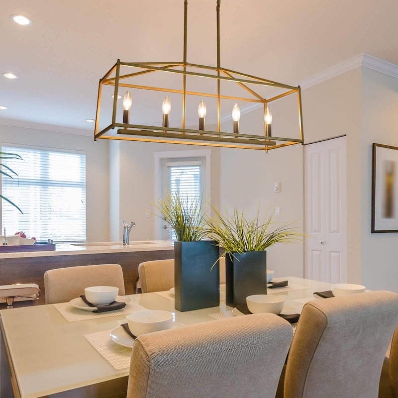 Modern Gold 5-Light Rectangle Chandelier Open Frame Kitchen Island Lights - L30" x W10.2" x H12"