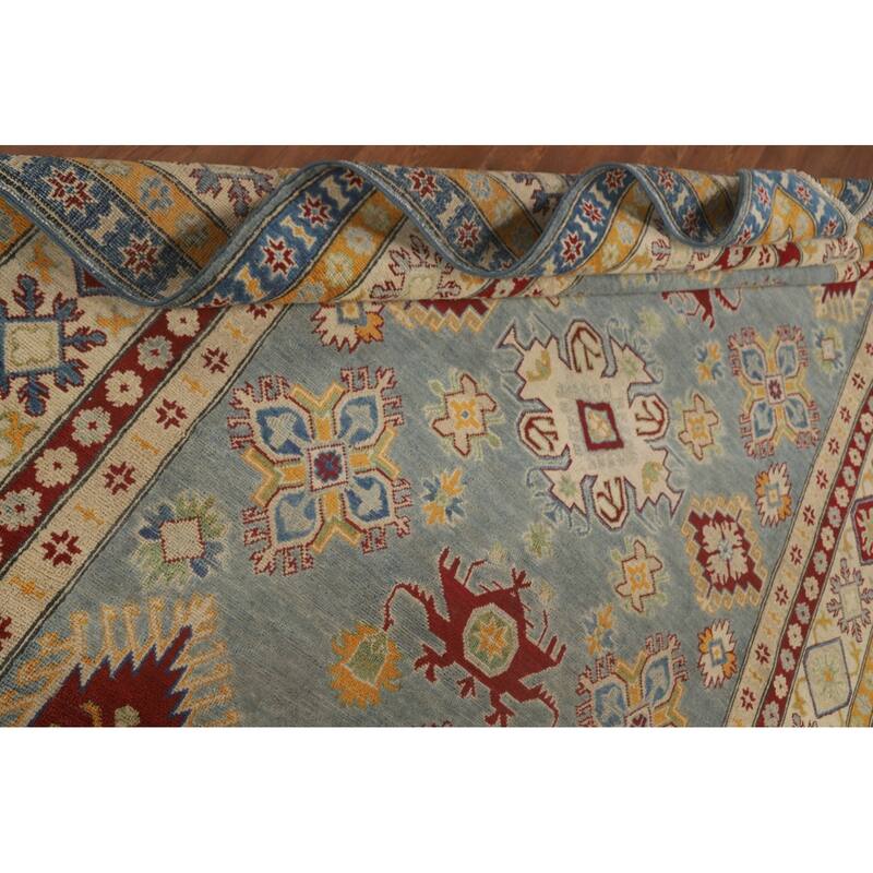 Geometric Kazak Area Rug Handmade Oriental Blue Wool Carpet - 6'7" x 9'10"