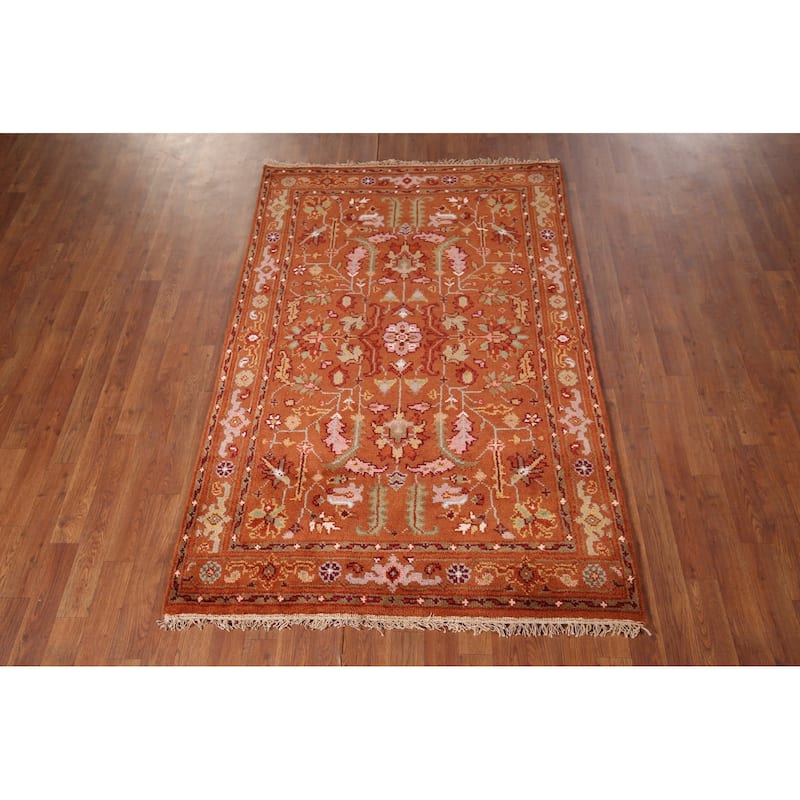 All-Over Orange Floral Oushak Indian Area Rug Handmade Wool Carpet - 4'11"x 5'11"