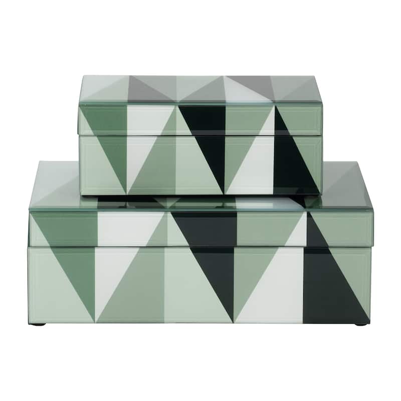 Sagebrook Home Glass Triangles Boxes in Lush Green/White, Stylish Home Decor Storage Solutions, Set of 2 - 11" x 7" x 4"