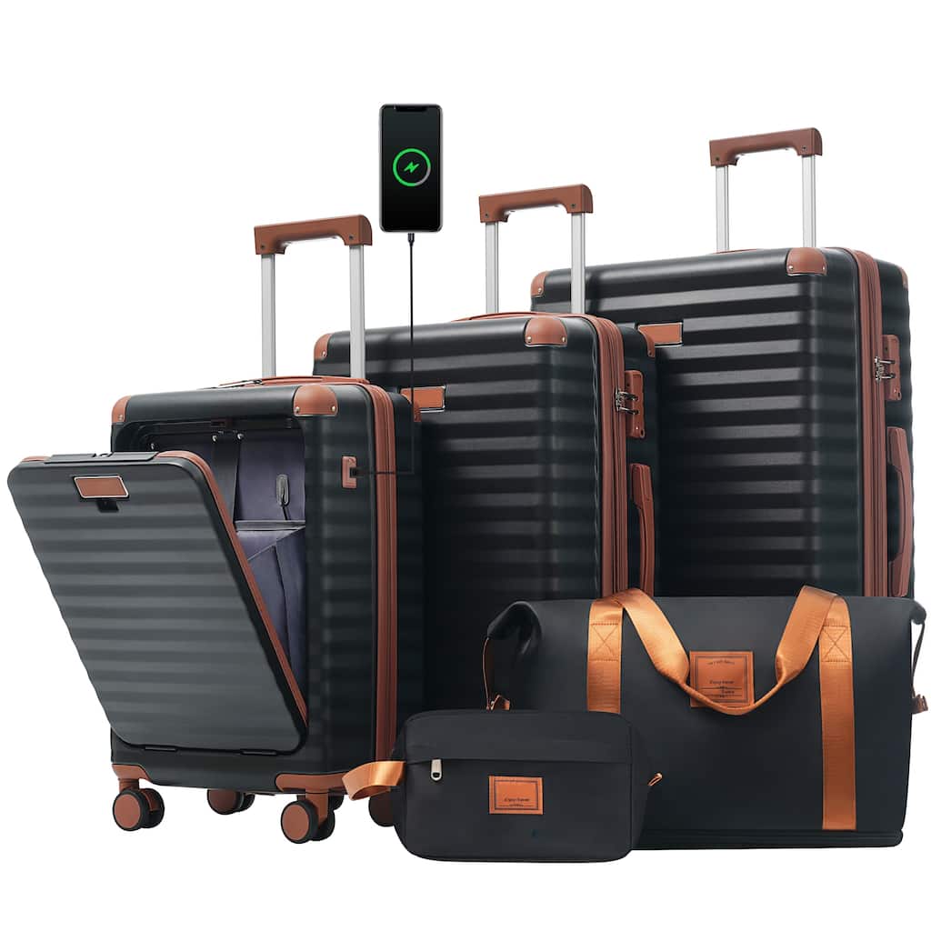 Luggage Sets 5 Piece, Expandable Carry on Suitcase with Spinner Wheels TSA Lock USB Port, Cup Holder Duffel Bag and Toiletry Bag