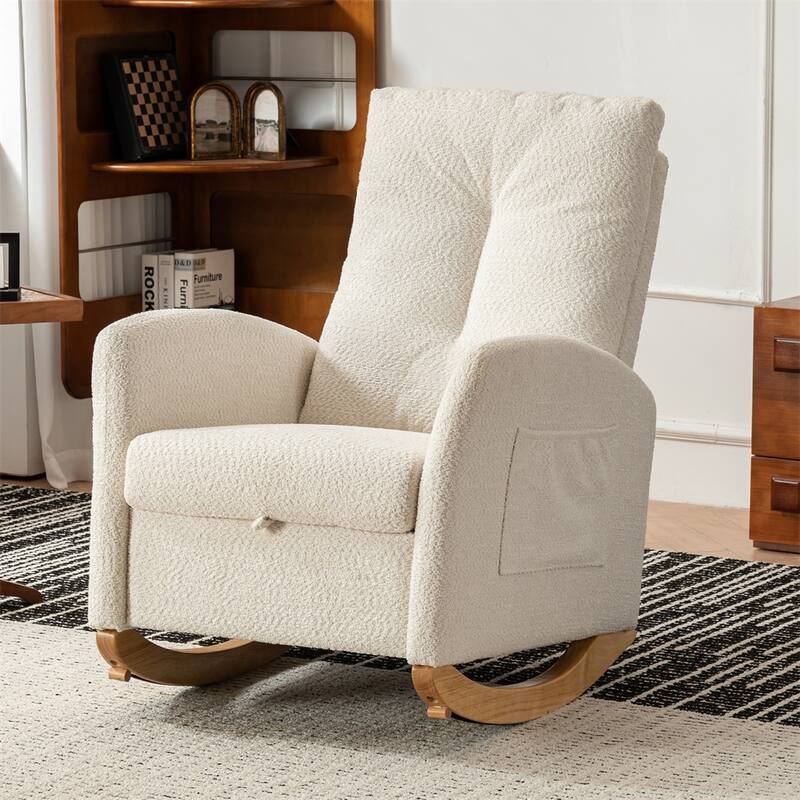 High Back Wood Rocking Chair with Footrest and Side Storage Pocket