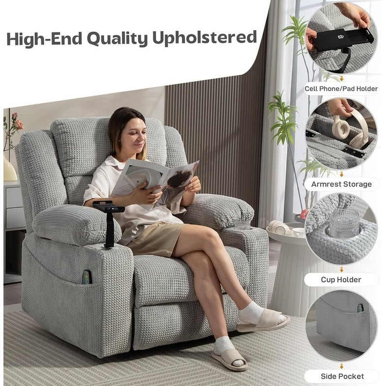 270° Swivel Velvet Recliner, Extra Wide Power Recliner Chair w/Heat Massage - USB & Type C Charging Port