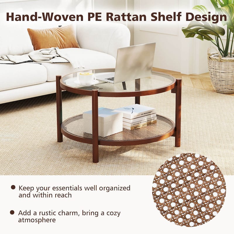 Costway Wooden 31" Round Coffee Table with Tempered Glass Top Handmade - Cherry+Transparent - See Details