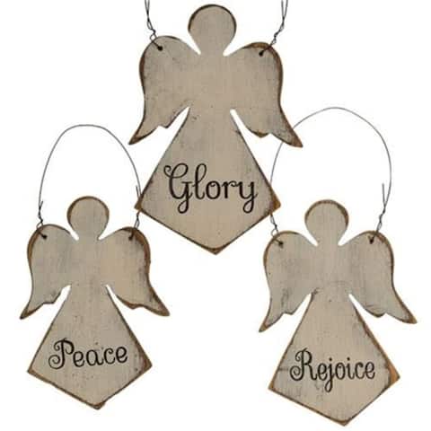 Distressed Wooden Angel Word Ornament 3 Asstd. - 6.5" high by 4.5" wide and .25" deep.