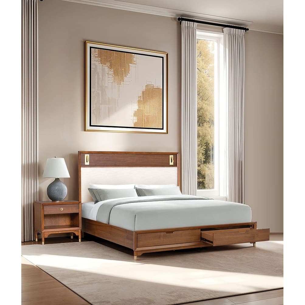 Mid Century Modern Walnut Finish USB Ports Storage Bedroom Set 3pc