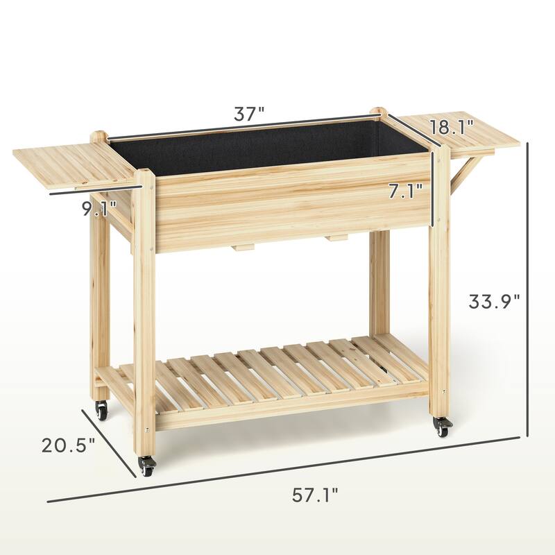Raised Garden Bed with Storage Shelf and Foldable Ledges Fir Wood Planter for Indoor Outdoor Gardening