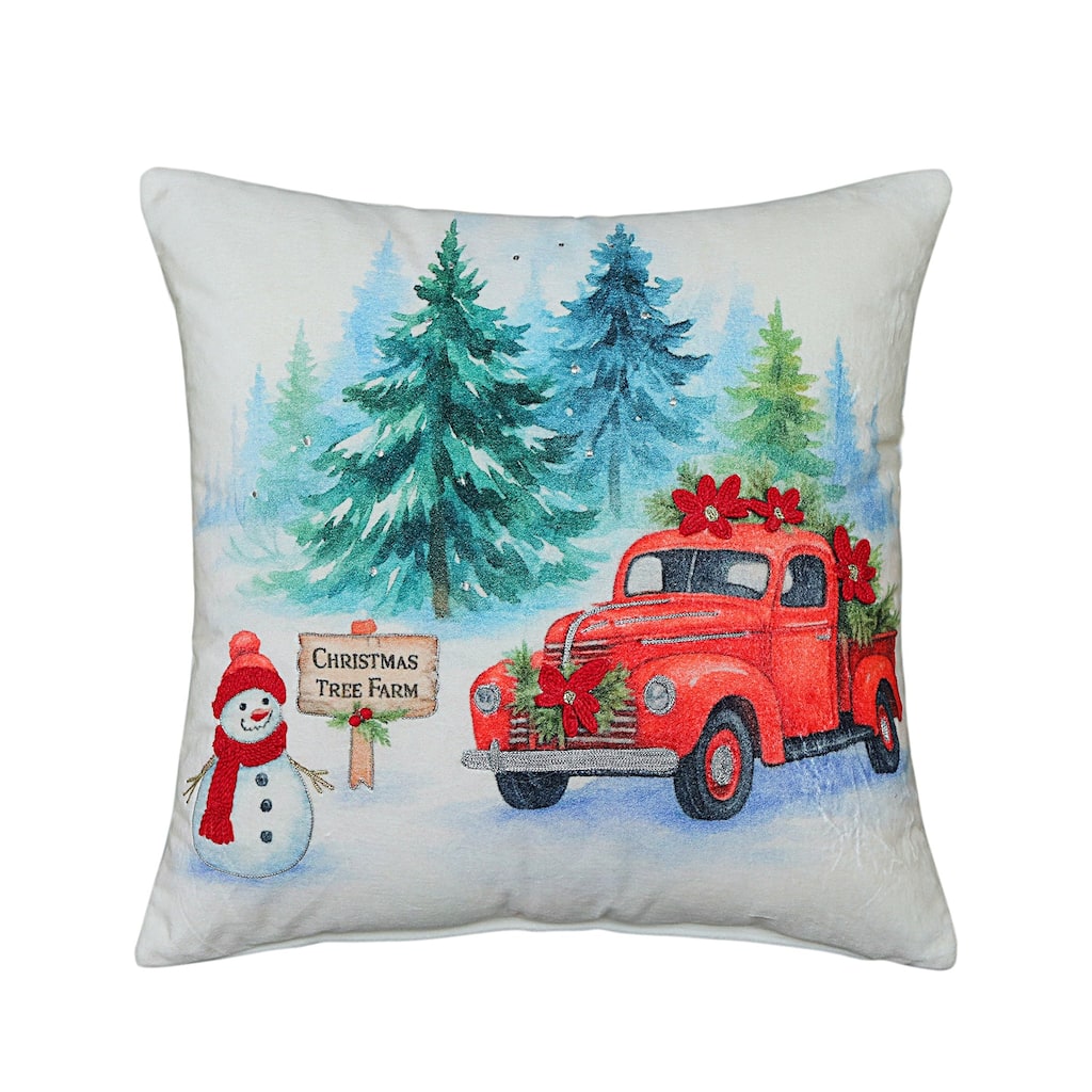 Vibhsa Alpine Holiday Christmas Tree Farm Red Truck Pillow, 20" x 20"