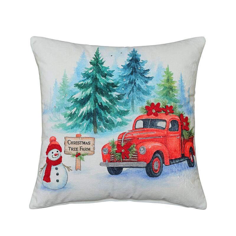 Vibhsa Alpine Holiday Christmas Tree Farm Red Truck Pillow, 20" x 20"