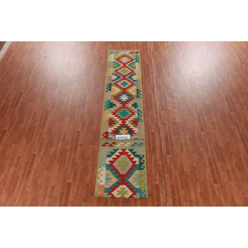 Hand Woven Oriental 100% Wool Carpet Southwestern Geometric Multi-Colored Kilim Runner Rug - 15' 11'' X 2' 7''