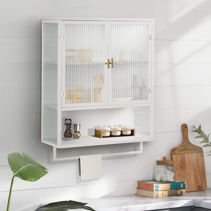 23.62" Modern Fluted Glass Wall Cabinet with Two Doors, Open Shelf & Towel Rack - White