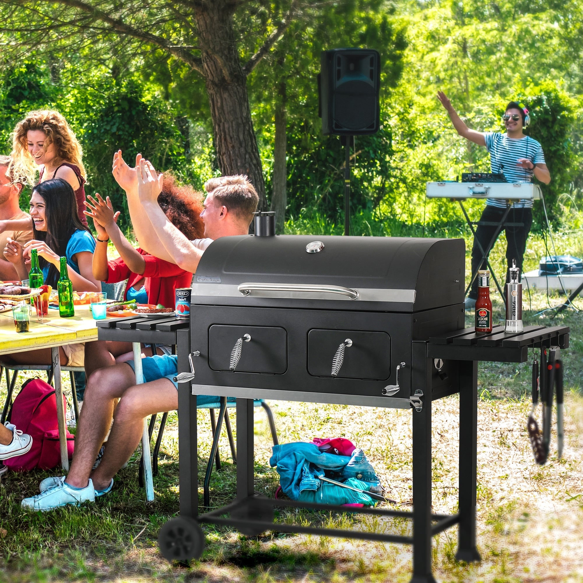 Double Door Charcoal Patio Grill with Side Shelf On Sale Bed