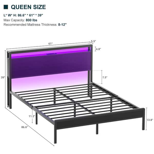 dimension image slide 9 of 13, Farmhouse Wood Platform Bed Frame with Charged Station and LED Lights