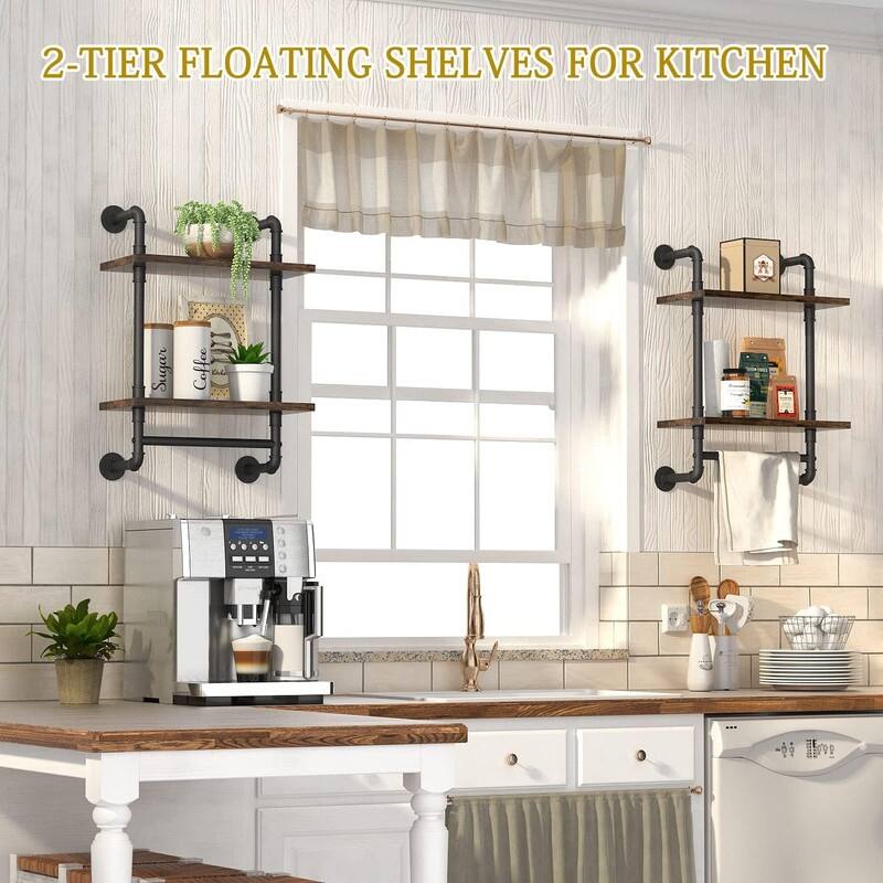 Industrial Pipe Floating Bathroom Shelves Wall Mounted with Towel bar - 7.8"D x 15.7"W x 25.6"H